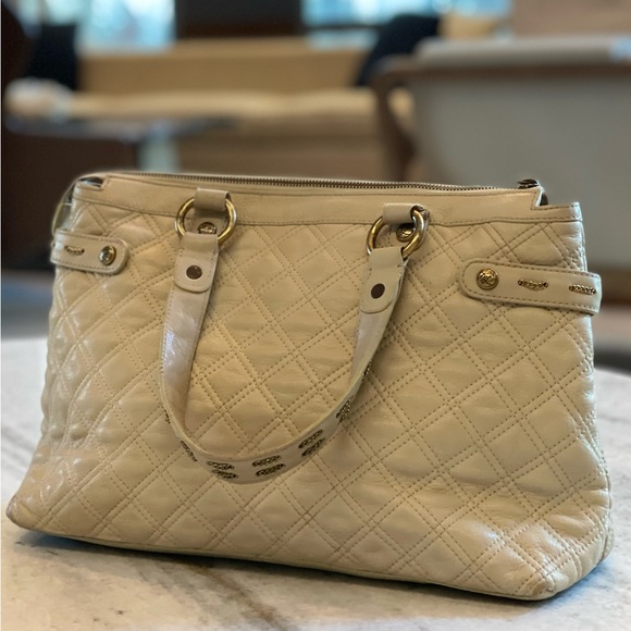 Kate Landry Leather Shoulder/Satchel Cream/Tan Purse Handbag Chain Accents - Picture 8 of 12